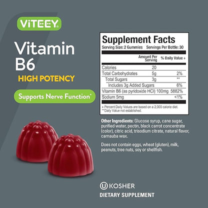 Vitamin B6 Gummies 100mg for Adults & Teens - B6 Vitamins for Mood & Nerve Function Support - Immune Booster - Vegan, GMO Free, Gluten Free, Gelatin Free - Tasty Chewable Berry Flavored VIT B6 Gummy
