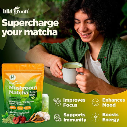 KIKI Green Mushroom Matcha Powder Super Blend 4 oz - Mushroom Coffee Alternative for Better Energy, Focus, Immunity - with Lion's Mane, Chaga, Reishi, Cordyceps