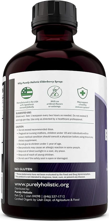 Purely Holistic Organic Elderberry Syrup for Adults & Kids (2+) - 16 fl oz - with Black Sambucus Elderberry, Propolis, Echinacea, Raw Honey & Apple Cider Vinegar - Immune Support and Immune Booster