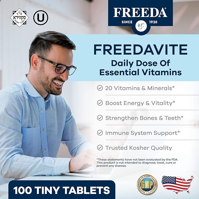 Freedavite Tiny Tablet - Moderate Multivitamin for Men and Women - Vitamin A, C, D, E, B1, B2, B6, B12, Biotin, Calcium, Zinc, Iron, Magnesium, Manganese, Copper, Selenium, Iodine - 100 Count