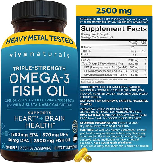 Viva Naturals Omega 3 Fish Oil Supplement for Women and Men - 2500 mg Triple Strength Fish Oil Pills with Re-Esterified Omega 3 Fatty Acids Including EPA, DHA DPA - 90 Pescatarian-Friendly Softgels