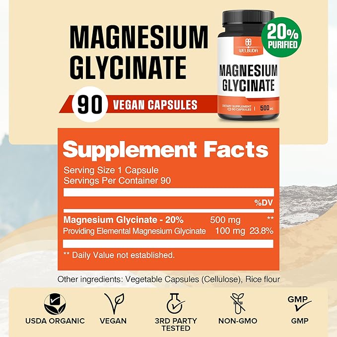 Magnesium Glycinate Supplement with 20% Purified - 500mg for Brain Health, Bone Health, Energy Production, Comfortable Mood & Muscle - 90 Capsules - Providing 100mg Elemental Magnesium
