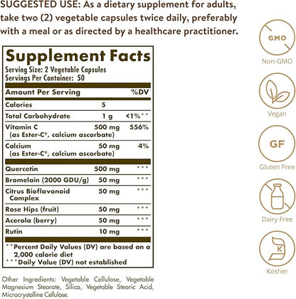 Solgar Quercetin Complex with EsterC Plus Vegetable Capsules Supports Immune Health Antioxidant Gentle on the Stomach Vitamin C NonGMO Vegan Gluten Free Dairy Free 50 Servings, Standard Packaging, 100 Count