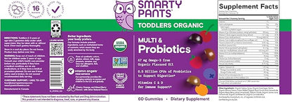 SmartyPants Organic Toddler Multivitamin Gummies: Probiotics, Omega 3 (ALA), Vitamin D3, C, Vitamin B12, B6, A, K & Zinc, Beta Carotene, Gluten Free, Three Fruit Flavors, 60 Count (30 Day Supply)