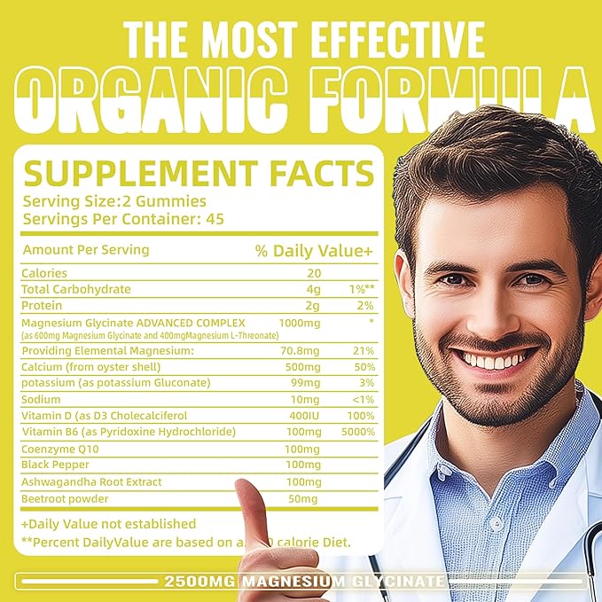 Magnesium Glycinate Gummies 2500mg - Sugar Free Magnesium Potassium Supplement with Vitamin D, B6, CoQ10 for Calm Mood & Sleep Support - 90 Lemon Gummies