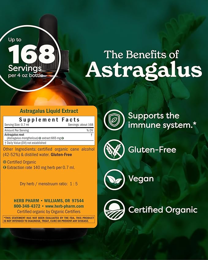 Herb Pharm Certified Organic Astragalus Liquid Extract for Immune System Support - 4 Ounce