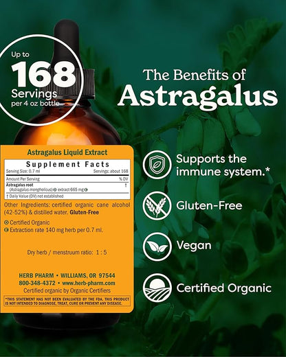 Herb Pharm Certified Organic Astragalus Liquid Extract for Immune System Support - 4 Ounce