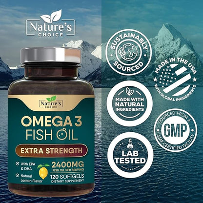 Triple Strength Omega 3 Fish Oil Supplement, EPA & DHA Fish Oil Omega 3 Essential Fatty Acids Supplement Softgels, 2400 mg Brain & Heart Health Support Supplements, Gluten Free, Non-GMO, 120 Softgels