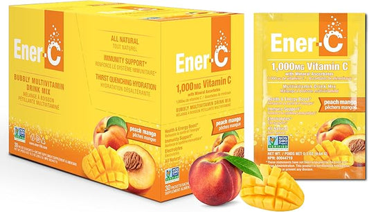 Ener-C Peach Mango Multivitamin Drink Mix Powder Vitamin C 1000mg & Electrolytes with Real Fruit Juice Natural Energy & Immune Support for Women & Men - Non-GMO Vegan & Gluten Free - 30 Count