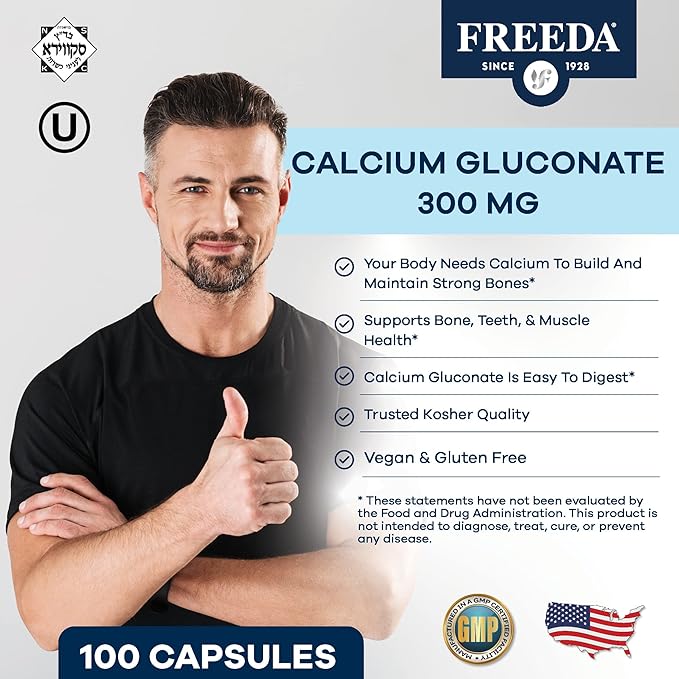 Freeda Calcium Gluconate – Kosher Vegan Calcium Supplement – Easy to Digest & Absorb – Supports Bone Strength – Pure Calcium Without Vitamin D – (100 Capsules)