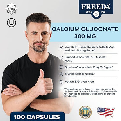 Freeda Calcium Gluconate – Kosher Vegan Calcium Supplement – Easy to Digest & Absorb – Supports Bone Strength – Pure Calcium Without Vitamin D – (100 Capsules)