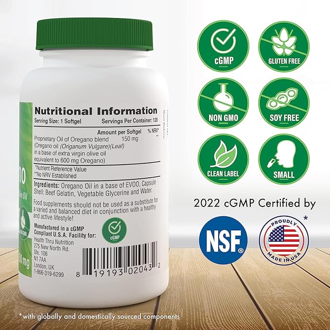 Oil of Oregano 120 Mini-Softgels | Wild Harvested | European 40:1 Origanum Vulgare Equivalent to 600mg Oregano in Extra Virgin Olive Oil | Non-GMO Gluten Free | by Health Thru Nutrition (Pack of 120)