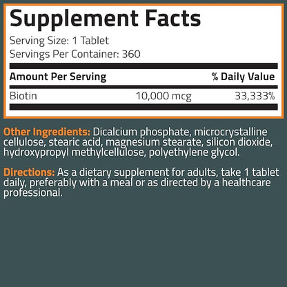 Bronson Biotin 10,000mcg, Supports Healthy Hair, Skin and Nails, Vegetarian, Non-GMO, 360 Tablets