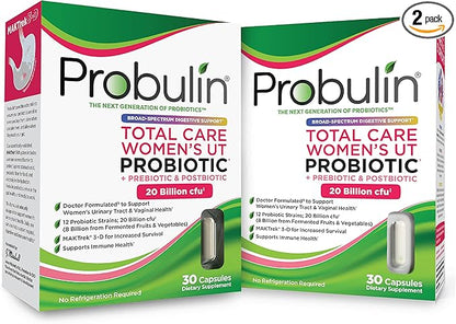 Probulin Total Care Women's Urinary Tract = Prebiotics + Probiotics + Postbiotics to Support Healthy Vaginal Microbiome - 20 Bill CFU - 12 Strains - 30 Vegan Caps (Twin Pack)