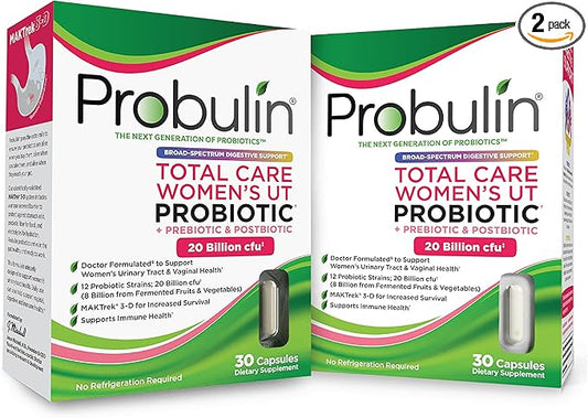 Probulin Total Care Women's Urinary Tract = Prebiotics + Probiotics + Postbiotics to Support Healthy Vaginal Microbiome - 20 Bill CFU - 12 Strains - 30 Vegan Caps (Twin Pack)