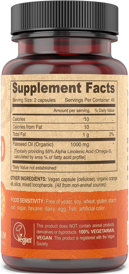 DEVA Organic Vegan Vitamins Flax Seed Oil - Rich in Omega-3, Cold-Pressed & Unrefined - 90 Capsules, 2-Pack