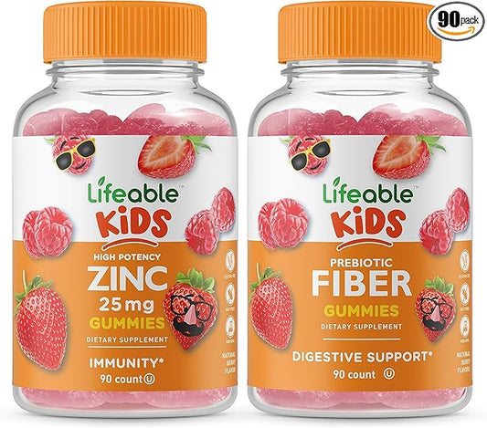 Lifeable Zinc 25mg Kids + Prebiotic Fiber Kids, Gummies Bundle - Great Tasting, Vitamin Supplement, Gluten Free, GMO Free, Chewable Gummy