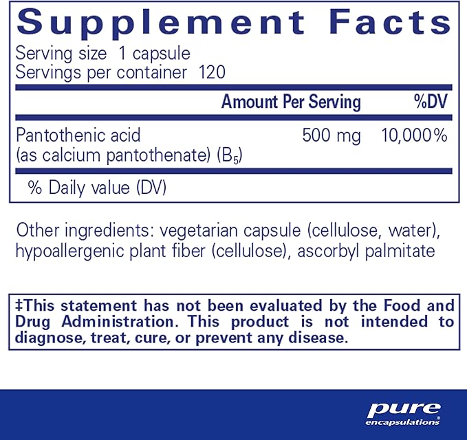 Pure Encapsulations Pantothenic Acid | Hypoallergenic Supplement Supports Cellular Energy Production, Adrenal and Cardiovascular Health | 120 Capsules
