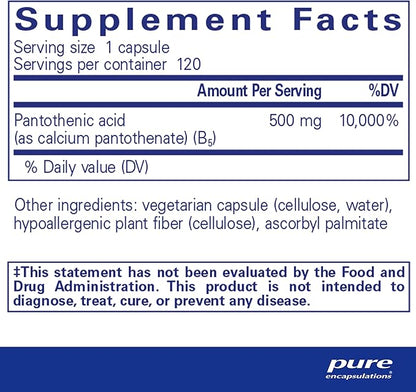 Pure Encapsulations Pantothenic Acid | Hypoallergenic Supplement Supports Cellular Energy Production, Adrenal and Cardiovascular Health | 120 Capsules
