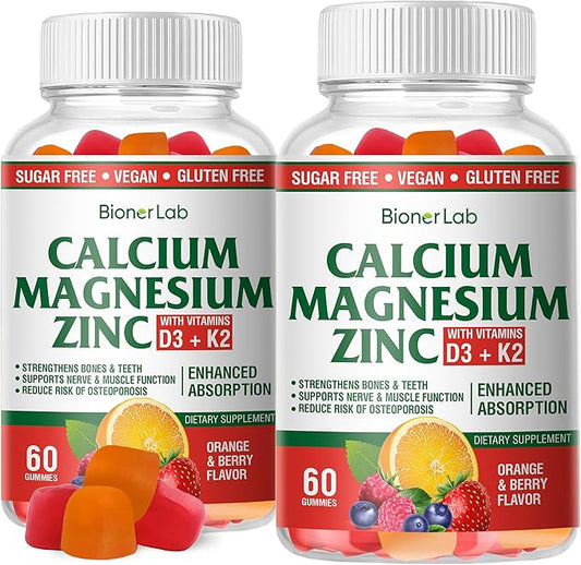 Calcium Magnesium Zinc Gummies with Vitamin D3 & K2 - High Potency Enhanced Absorption - Orange and Berry Flavored