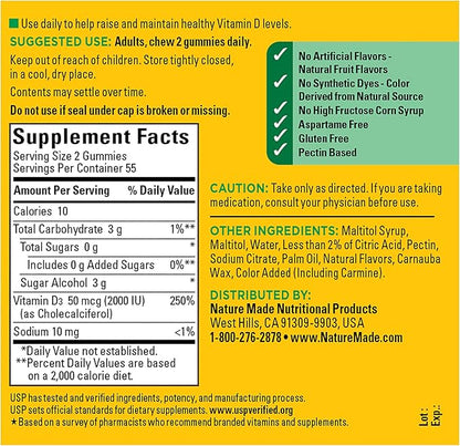 Nature Made Zero Sugar Vitamin D3 Gummies 2000 IU (50 mcg) per Serving, Immune, Bone, Teeth & Muscle Support Supplement, Aspartame Free, 110 Sugar Free Vitamin D Gummies, 55 Day Supply