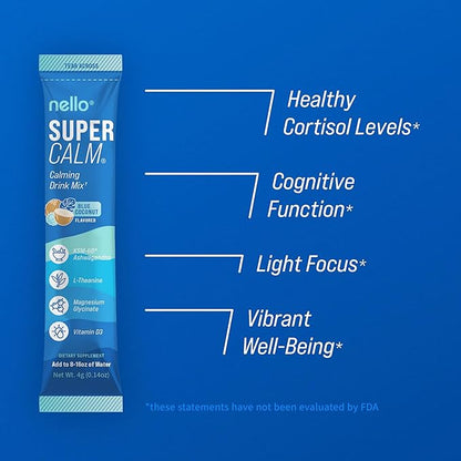 Supercalm Powdered Drink Mix, Blue Coconut, L Theanine, Ksm-66 Ashwagandha, Magnesium Glycinate, Vitamin D 3, Supplements for Relaxation & Focus, No Sugar, Non GMO, On The Go, 20 Srvgs