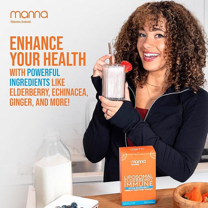 Manna Liposomal Elderberry Immune Packets – Vitamins C, D, Zinc, Echinacea & Ginger - Daily Immune Support for Adults & Kids - Sugar Free, Real Elderberry Extract & Syrup, Travel-Friendly, 15 Pack