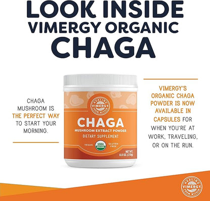 Vimergy USDA Organic Wild Chaga Mushroom Extract Powder, 166 Servings – Ideal in Chaga Tea, Coffee, Smoothies – Cardiovascular Support - Kosher, Vegan, No Gluten, Paleo - Pure Chaga, No Fillers (250g)