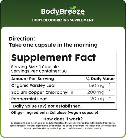 Internal Deodorant Supplement | Natural Chlorophyll 90 Capsules for Body Odor Control, Gut Health, and Fresh Breath | Vegan, Detox Support & Skin Health | Odor Eliminator for Men & Women