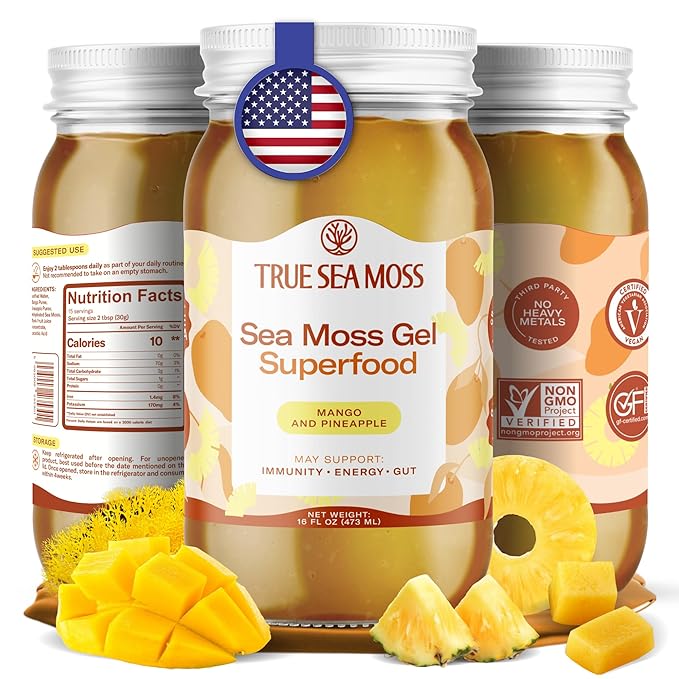 TrueSeaMoss Sea Moss Gel – Made in USA – Wildcrafted Seamoss, Fresh Fruits & Sea Vegetables – Mango/Pineapple, Pack of 1 (Labels may Vary)