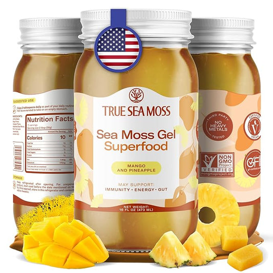 TrueSeaMoss Sea Moss Gel – Made in USA – Wildcrafted Seamoss, Fresh Fruits & Sea Vegetables – Mango/Pineapple, Pack of 1 (Labels may Vary)