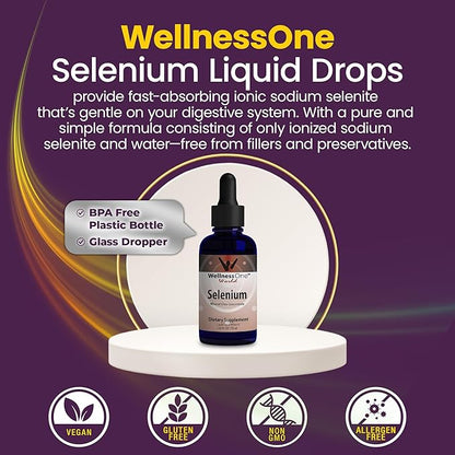 WellnessOne Liquid Selenium Supplement - Ionized Selenium Liquid Drops 70 mcg - Antioxidant, Cardiovascular and Immune Support - USA Tested, Vegan, Non-GMO, Gluten Free, Unflavored - 1.67 fl oz