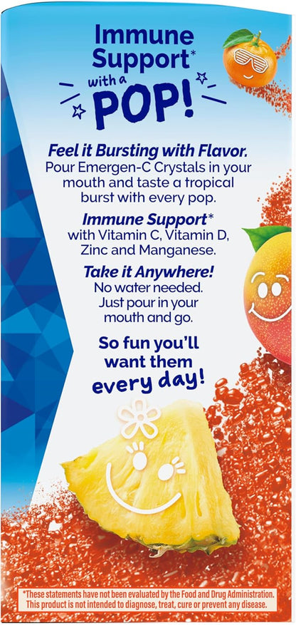 Emergen-C Kidz Immune Plus Crystals, On-The-Go Immune Support Supplement with Vitamin C, Vitamin D, B Vitamins, Zinc and Manganese, Tropical Punch - 28 Stick Packs