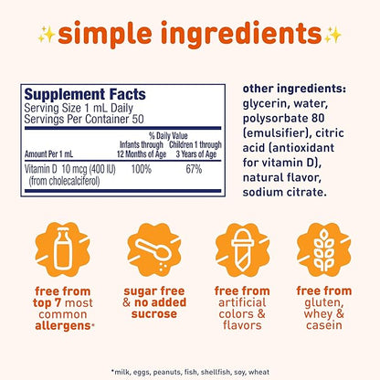 Enfamil Baby Vitamin D-Vi-Sol Vitamin D Liquid Supplement Drops for Infants, Supporting Strong Teeth & bones in Newborn Babies, Easy-to-Use, Gluten-Free, 50 mL Dropper Bottle, Pack of 3