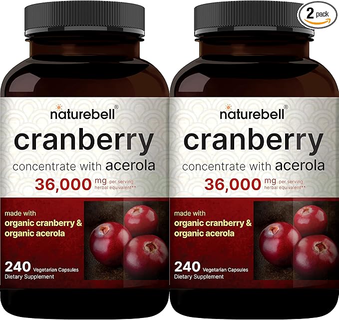 NatureBell 2 Pack Cranberry Pills 36,000mg with Acerola, 480 Total Veggie Capsules | 100:1 Fresh Cranberries Extract – Organic Ingredients – Supports Urinary Tract Health – Sugar Free