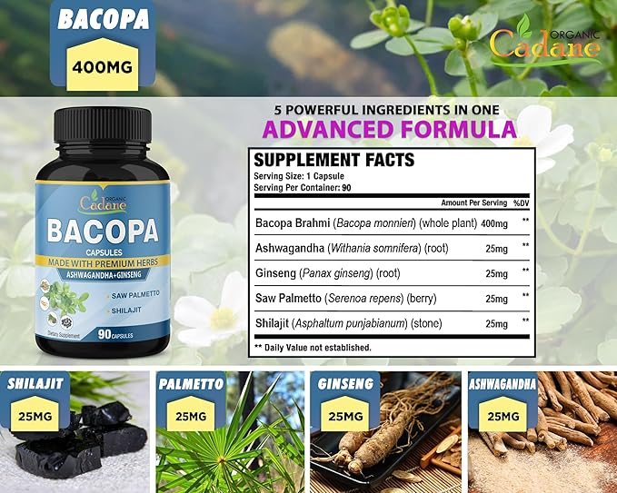 Organic Cadane Bacopa Monnieri Supplement - Blended with Ashwgandha, Ginseng, Saw Palmetto, Shilajit - 90 Capsules for 3 Month Supply