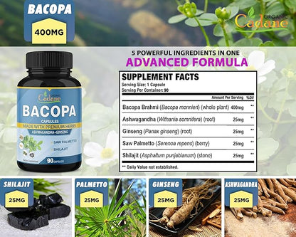Organic Cadane Bacopa Monnieri Supplement - Blended with Ashwgandha, Ginseng, Saw Palmetto, Shilajit - 90 Capsules for 3 Month Supply