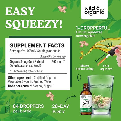Wild & Organic Dong Quai Tincture 500 mg - Angelica Root Supplements for Women - Dong Quai Root Liquid Extract Drops - Angelica Sinensis Herb - No Sugar & Alcohol - 2 fl oz