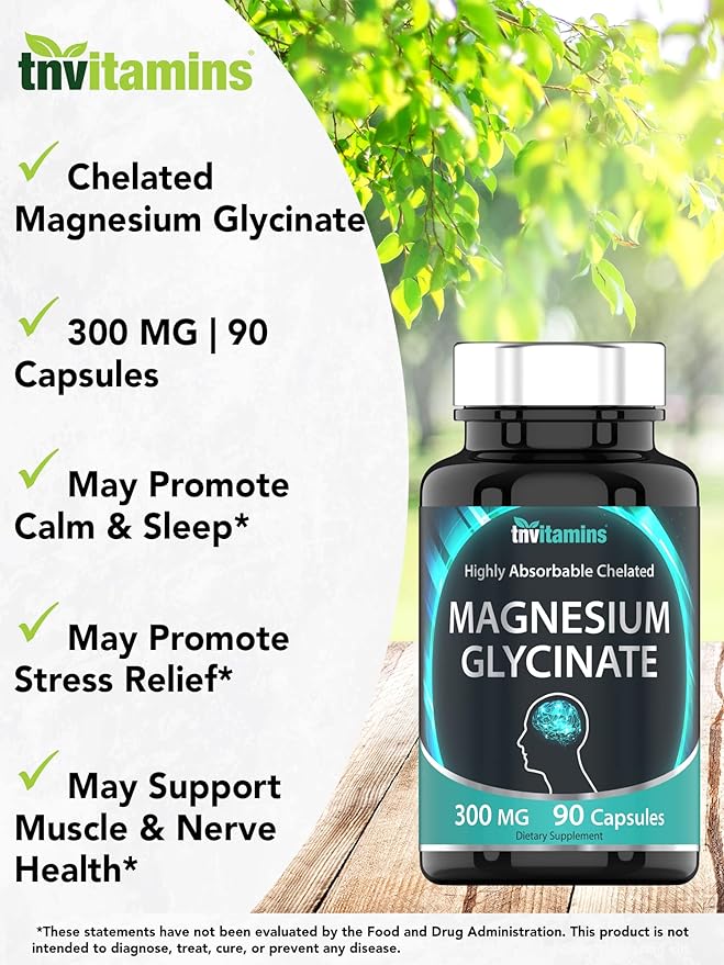 Magnesium Glycinate Capsules (300 MG Per Serving - 90 Count) | Pure Chelated Magnesium Bisglycinate Powder Supplement | Glicinato de Magnesio | for Sleep, Calm, Nerve, & Stress Support* | TNVitamins
