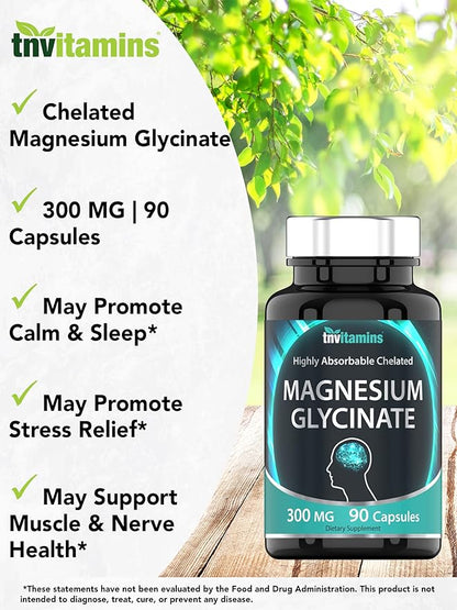 Magnesium Glycinate Capsules (300 MG Per Serving - 90 Count) | Pure Chelated Magnesium Bisglycinate Powder Supplement | Glicinato de Magnesio | for Sleep, Calm, Nerve, & Stress Support* | TNVitamins