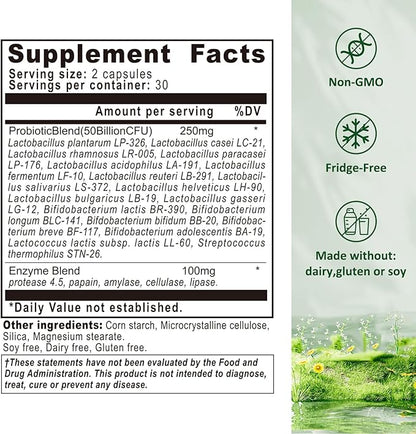 Probiotics for Women & Men - Probiotic 50 Billion CFU 18 Strains & 5 Digestive Enzymes for Gut Health, Immune - Probiotics Capsules Supports Gas & Bloating, Natural, Non-GMO, Gluten Free, 60ct