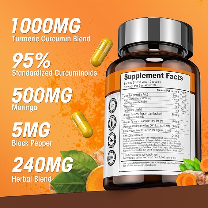 Liposomal Turmeric Curcumin Supplement with High Potency - 95% Curcuminoids Extract Enhanced with Pepper & Moringa for Optimal Health Support Enhanced Bioavailability for Joint Support