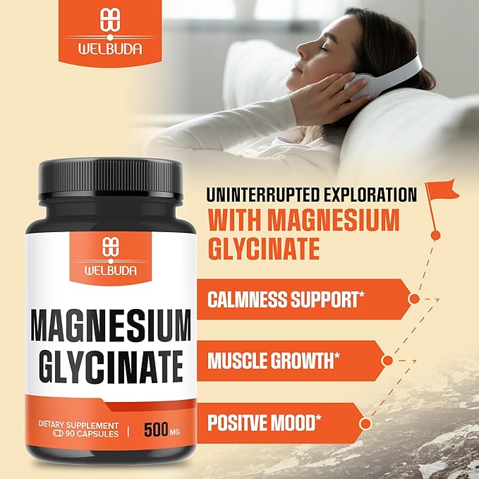 Magnesium Glycinate Supplement with 20% Purified - 500mg for Brain Health, Bone Health, Energy Production, Comfortable Mood & Muscle - 90 Capsules - Providing 100mg Elemental Magnesium