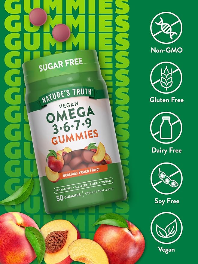 Nature's Truth Vegan Omega 3679 Gummies | 50 Count | Peach Flavor | Non-GMO & Gluten Free Supplement