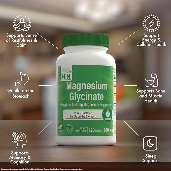 Magnesium Glycinate 200mg 120 Tablets | Fully Reacted Pure Magnesium Bisglycinate 1,540mg | High Absorption, Gentle on Stomach, Supports Relaxation & Nerve Function | Non-GMO by Health Thru Nutrition