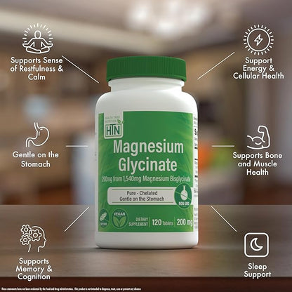 Magnesium Glycinate 200mg 120 Tablets | Fully Reacted Pure Magnesium Bisglycinate 1,540mg | High Absorption, Gentle on Stomach, Supports Relaxation & Nerve Function | Non-GMO by Health Thru Nutrition
