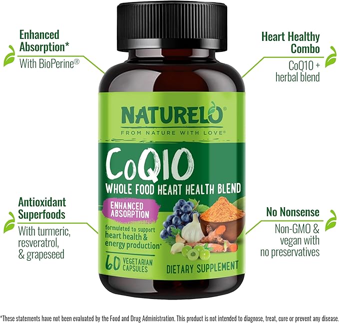 NATURELO Whole Food CoQ10 with Heart Health Blend, Powerful Antioxidant for Energy Production, 60 Capsules