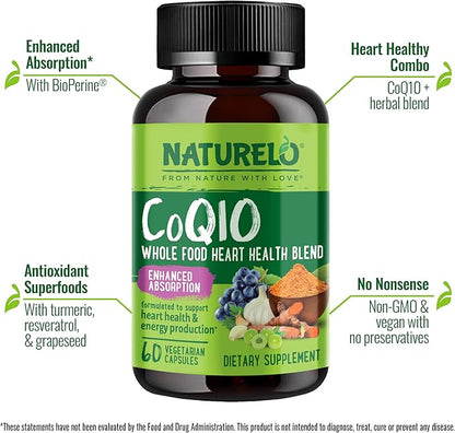 NATURELO Whole Food CoQ10 with Heart Health Blend, Powerful Antioxidant for Energy Production, 60 Capsules