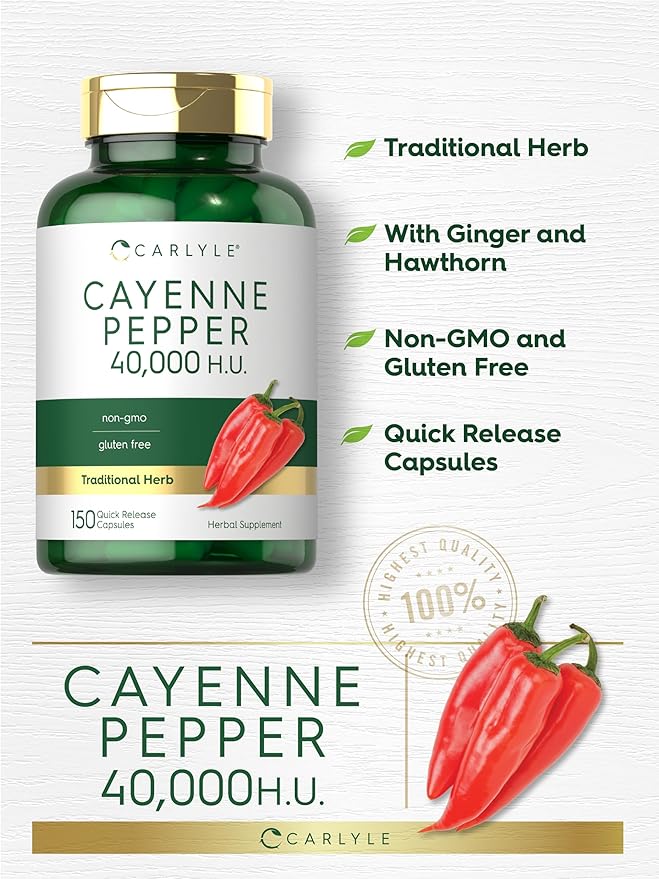 Carlyle Cayenne Pepper Capsules | 40,000 HU | Non-GMO and Gluten Free Supplement