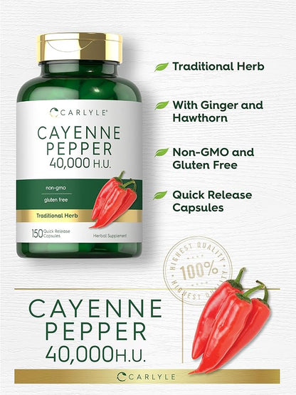 Carlyle Cayenne Pepper Capsules | 40,000 HU | Non-GMO and Gluten Free Supplement